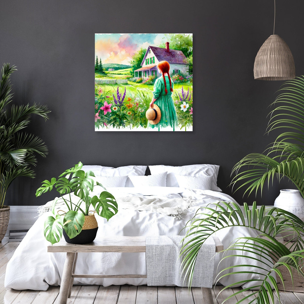 Beautiful Wall Art Canvas featuring a girl in a green dress in a vibrant garden scene
