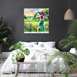 Beautiful Wall Art Canvas featuring a girl in a green dress in a vibrant garden scene