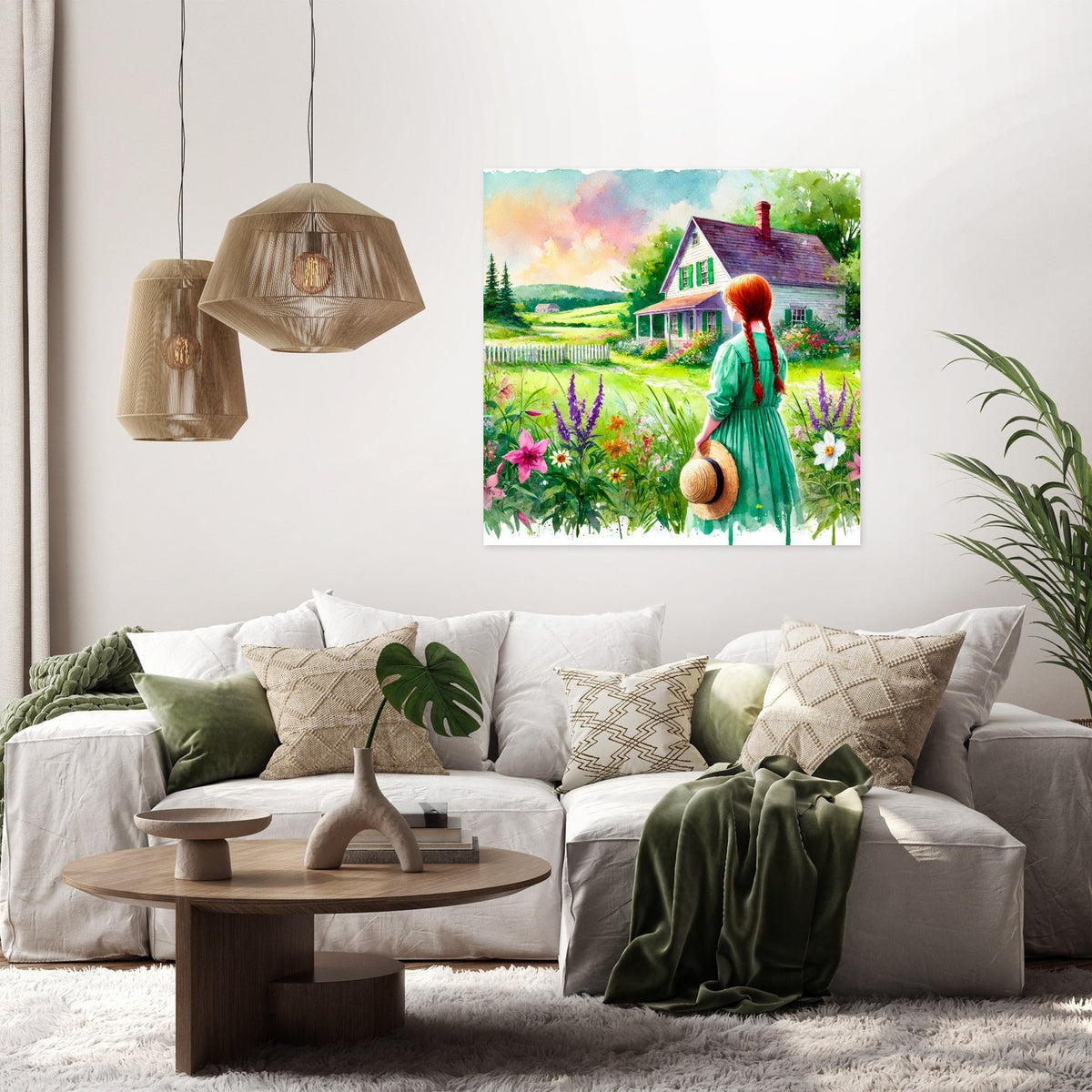 Beautiful Wall Art Canvas featuring a girl in a green dress standing by a cottage and flowers