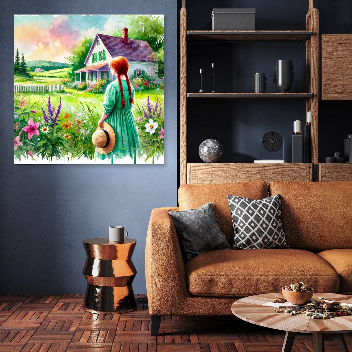 Beautiful Wall Art Canvas depicting a serene countryside scene with a girl in a green dress