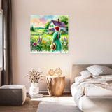 Beautiful Wall Art Canvas featuring a girl in a green dress walking towards a picturesque cottage landscape