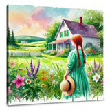 Beautiful wall art canvas featuring a girl in a green dress overlooking a vibrant garden and house