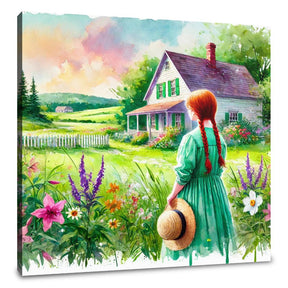 Beautiful wall art canvas featuring a girl in a green dress overlooking a vibrant garden and house