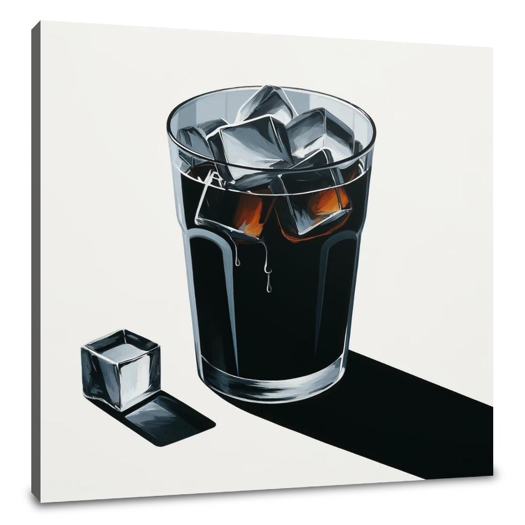 Contemporary Wall Art Canvas featuring a glass of dark drink with ice cubes on a minimalist background