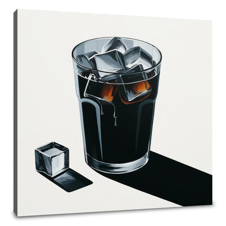 Contemporary Wall Art Canvas featuring a glass of dark drink with ice cubes on a minimalist background