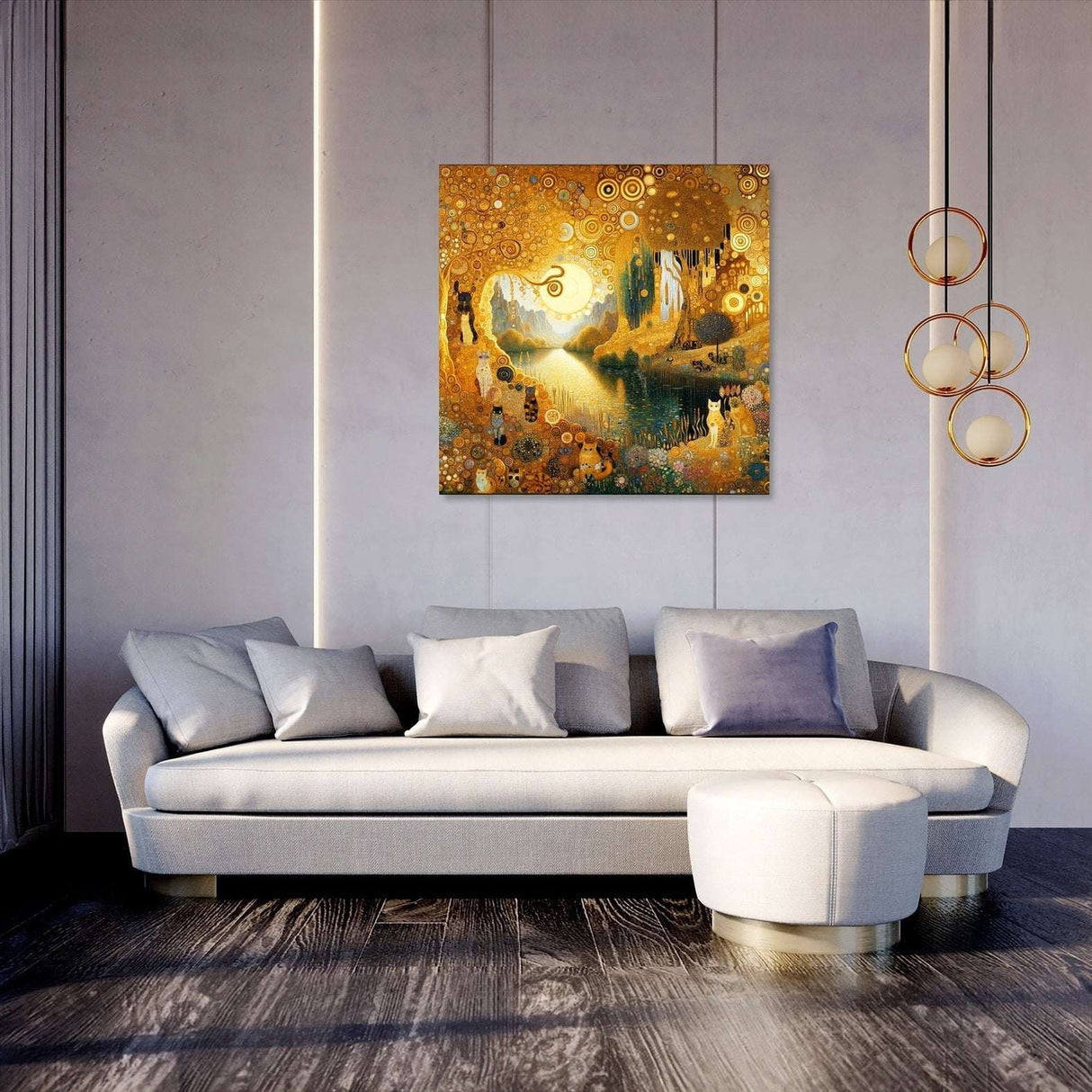 Elegant wall art canvas featuring a golden abstract design above a modern sofa in a stylish living room