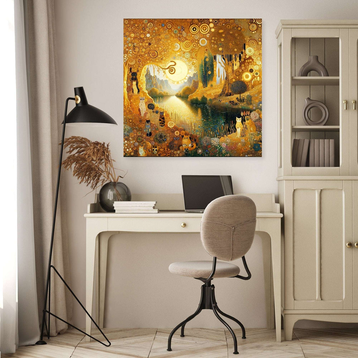 Beautiful Wall Art Canvas featuring a serene landscape in warm tones displayed in a chic home office
