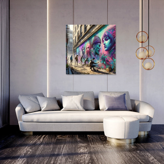 Vibrant Wall Art Canvas featuring street art in an urban setting above a modern sofa