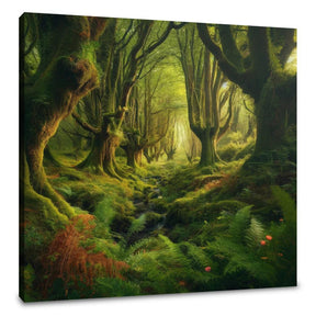 Lush green forest landscape wall art canvas showcasing trees and ferns in a serene natural setting
