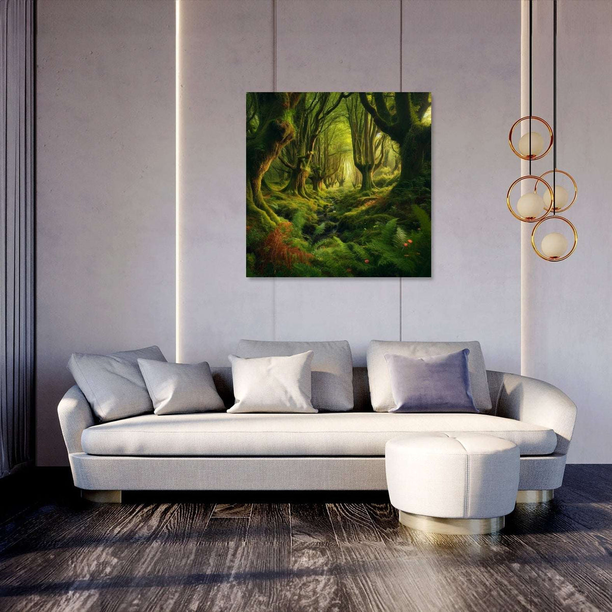 Lush green forest scene Wall Art Canvas displayed above a modern grey sofa in a stylish living room
