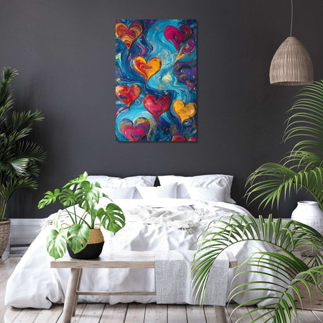 Colourful abstract Wall Art Canvas featuring swirling hearts, perfect for vibrant home decor