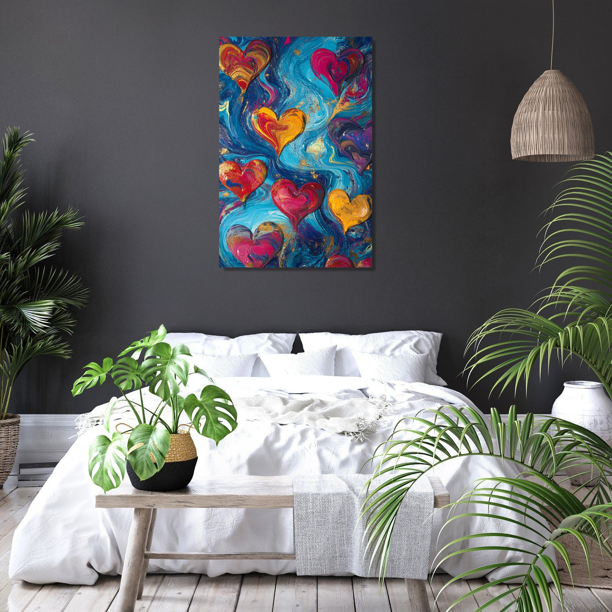 Colourful abstract Wall Art Canvas featuring swirling hearts, perfect for vibrant home decor