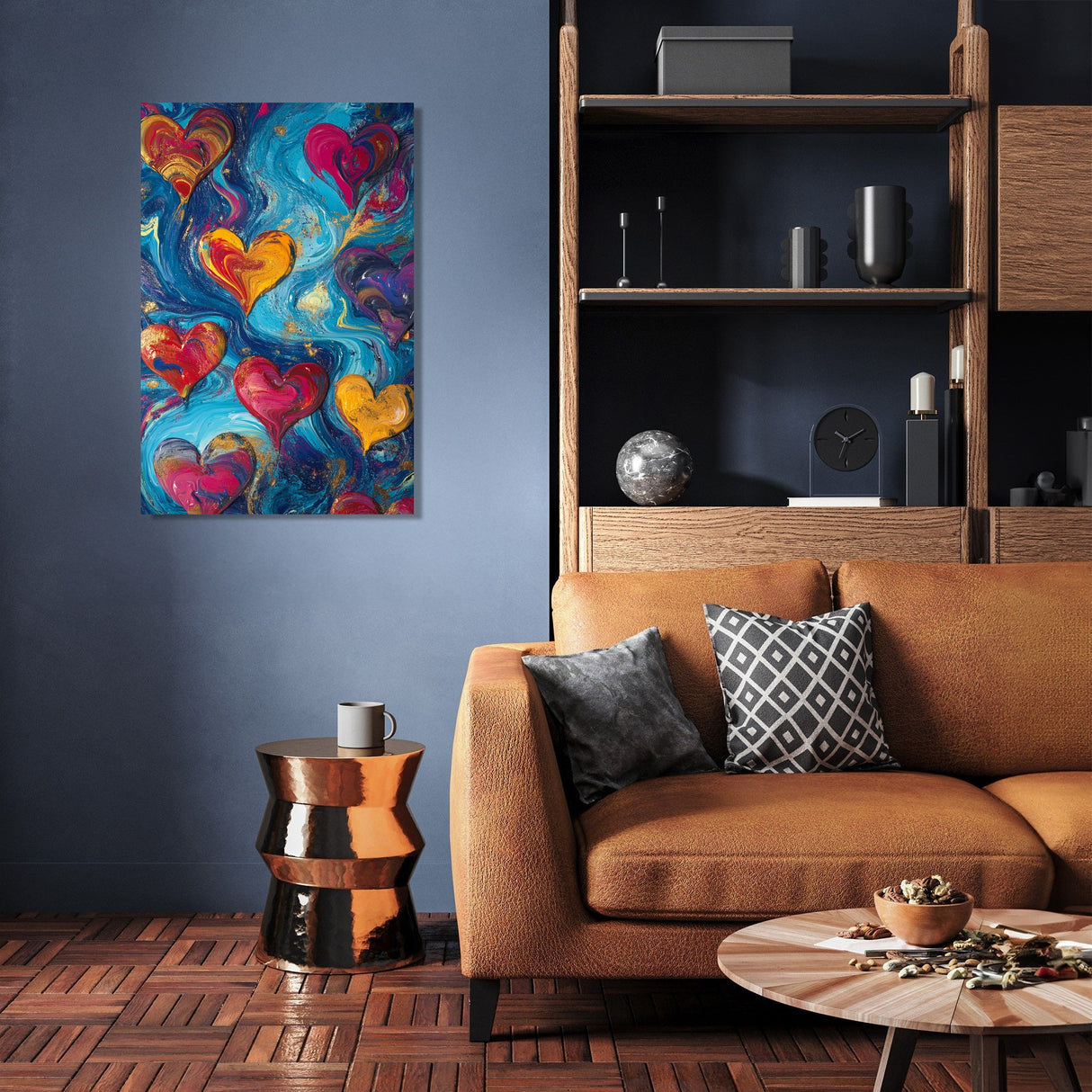 Vibrant Wall Art Canvas featuring colourful hearts, perfect for modern living room decor