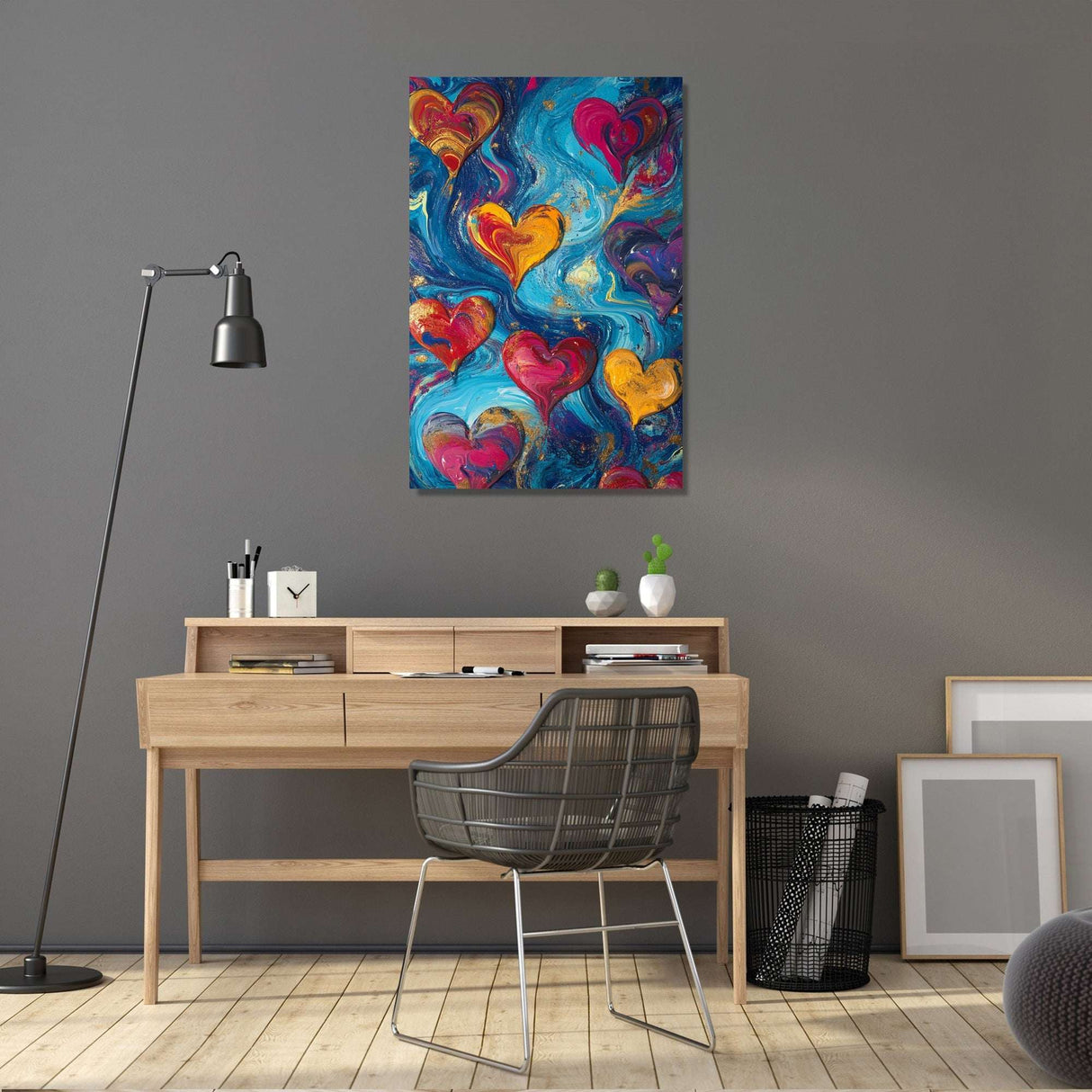 Colourful wall art canvas featuring swirling hearts for vibrant home decor