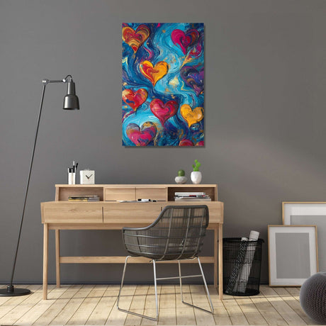 Colourful wall art canvas featuring swirling hearts for vibrant home decor
