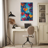 Colourful abstract Wall Art Canvas featuring vibrant swirls and hearts in a stylish home office setting