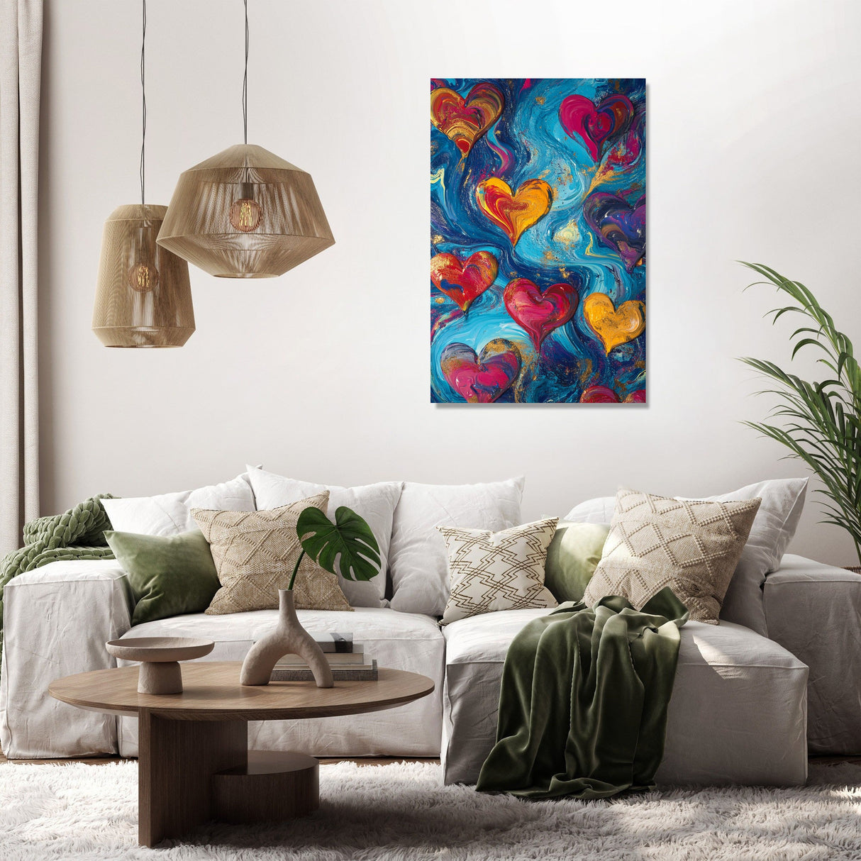 Colourful abstract Wall Art Canvas featuring swirling hearts for modern home decor