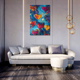 Colourful abstract wall art canvas featuring vibrant hearts on a blue background for modern interiors