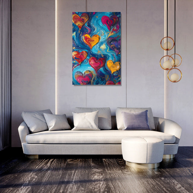 Colourful abstract wall art canvas featuring vibrant hearts on a blue background for modern interiors