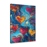 Colourful abstract wall art canvas featuring swirling hearts in vibrant hues