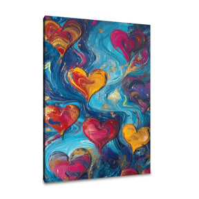 Colourful abstract wall art canvas featuring swirling hearts in vibrant hues