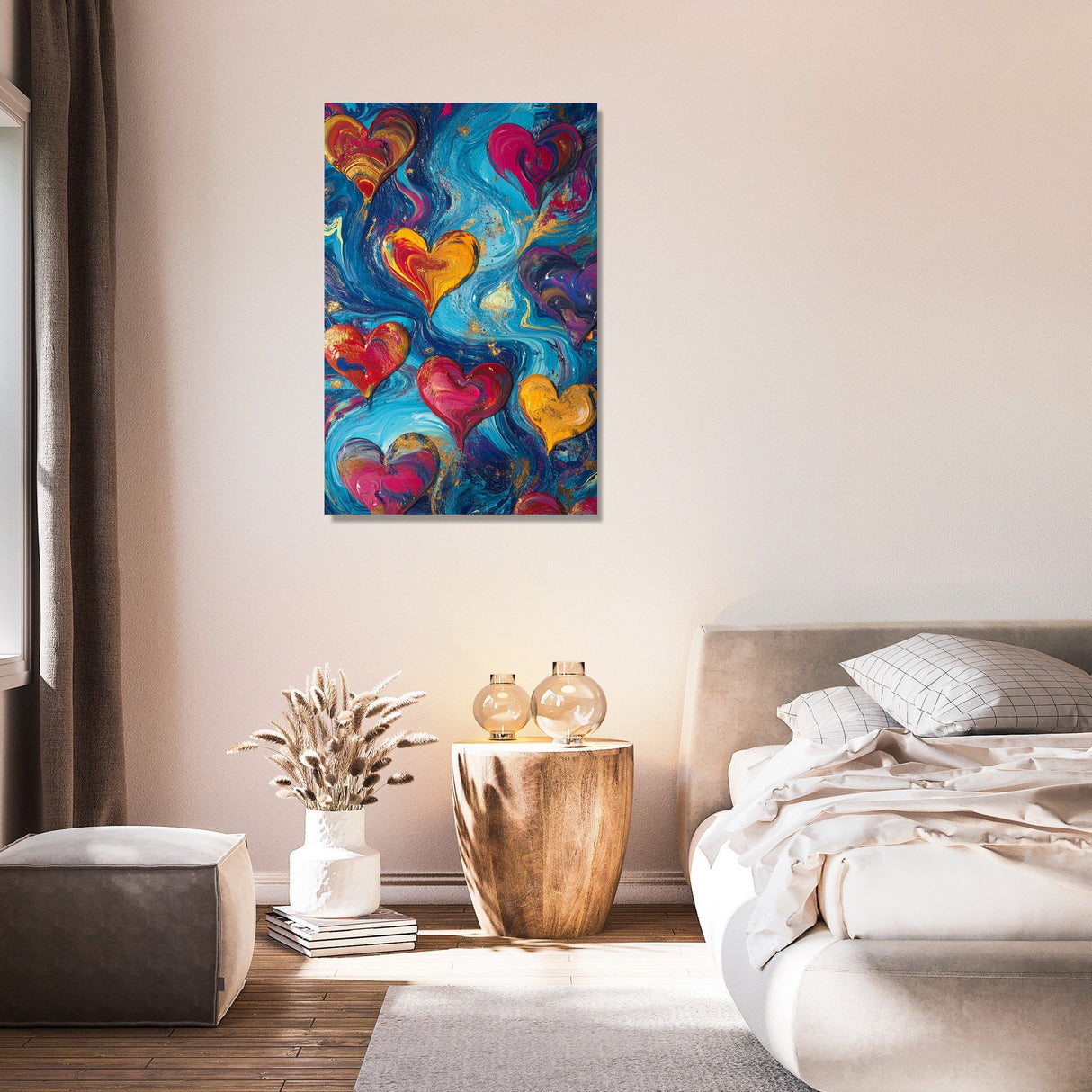Vibrant abstract wall art canvas featuring colourful hearts in a stylish living room setting