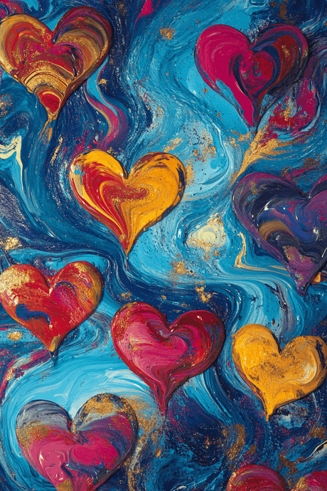 Colourful abstract wall art canvas featuring swirling hearts in vibrant shades of red, orange, and yellow