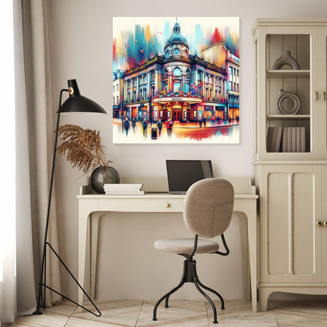 Colourful wall art canvas depicting a vibrant street scene in a modern interior setting