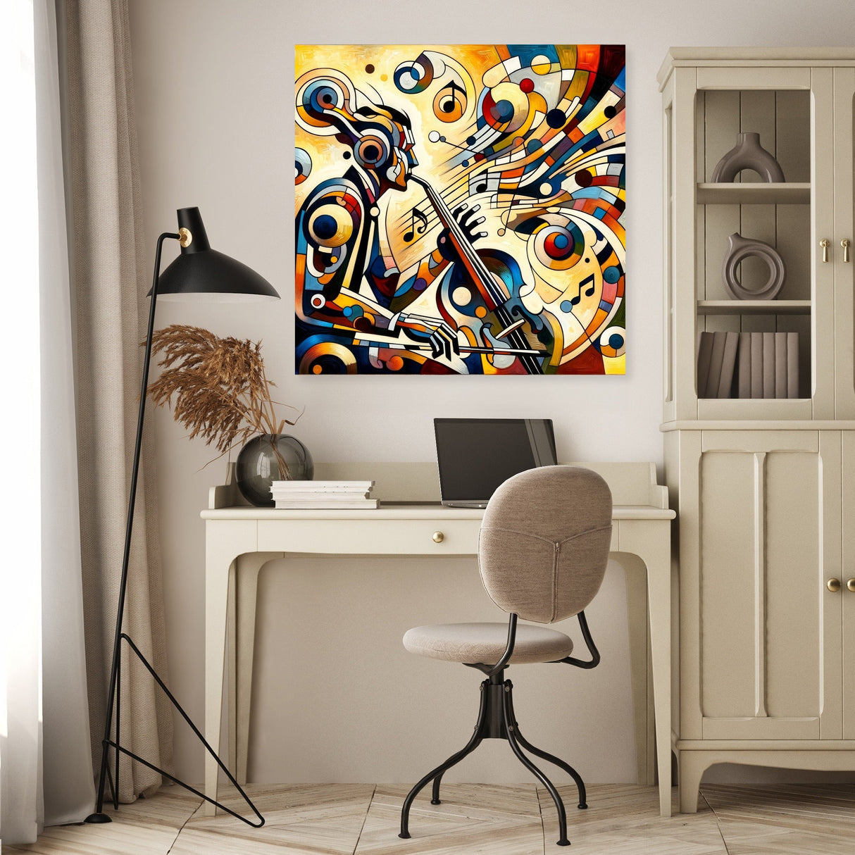 Vibrant Wall Art Canvas featuring a musician with musical notes, ideal for home decor