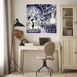Whimsical wall art canvas featuring a magical laboratory scene with glowing potions and a curious character