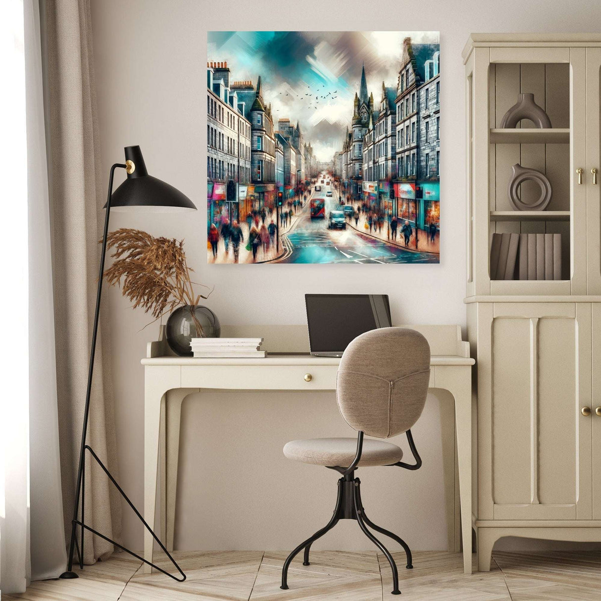 Vibrant Wall Art Canvas depicting a bustling city street scene with people and cars
