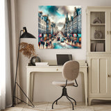 Vibrant Wall Art Canvas depicting a bustling city street scene with people and cars