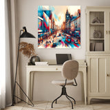 Modern wall art canvas featuring a vibrant cityscape with buses and buildings