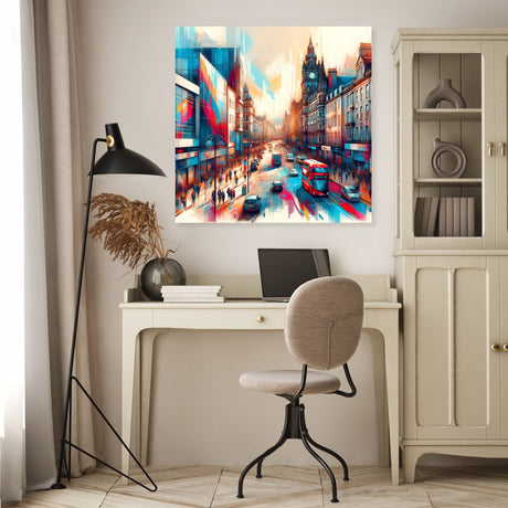 Modern wall art canvas featuring a vibrant cityscape with buses and buildings