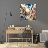 Colourful Wall Art Canvas depicting an urban art scene inside a modern workspace