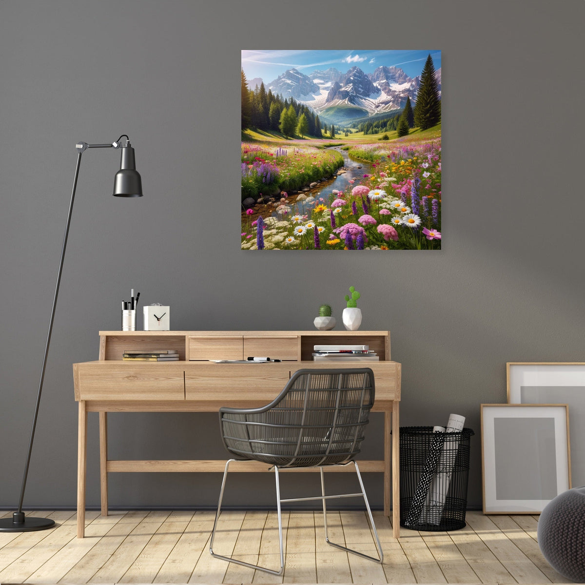 Vibrant Wall Art Canvas of a Mountain Landscape with Flowers and Stream for Home Decor