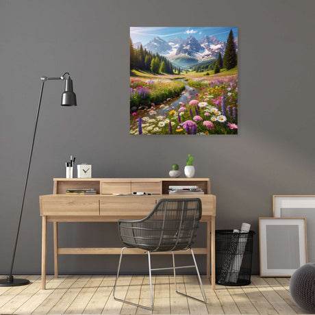 Vibrant Wall Art Canvas of a Mountain Landscape with Flowers and Stream for Home Decor