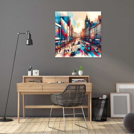 Stylish wall art canvas featuring an abstract cityscape with vibrant colours and a London theme