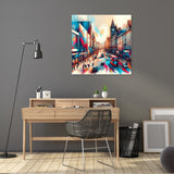 Stylish wall art canvas featuring an abstract cityscape with vibrant colours and a London theme