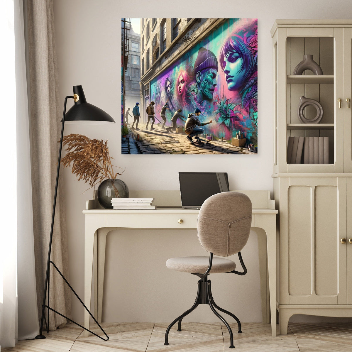 Vibrant Wall Art Canvas featuring urban street art displayed in a modern home office setting