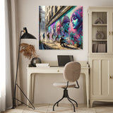 Vibrant Wall Art Canvas featuring urban street art displayed in a modern home office setting