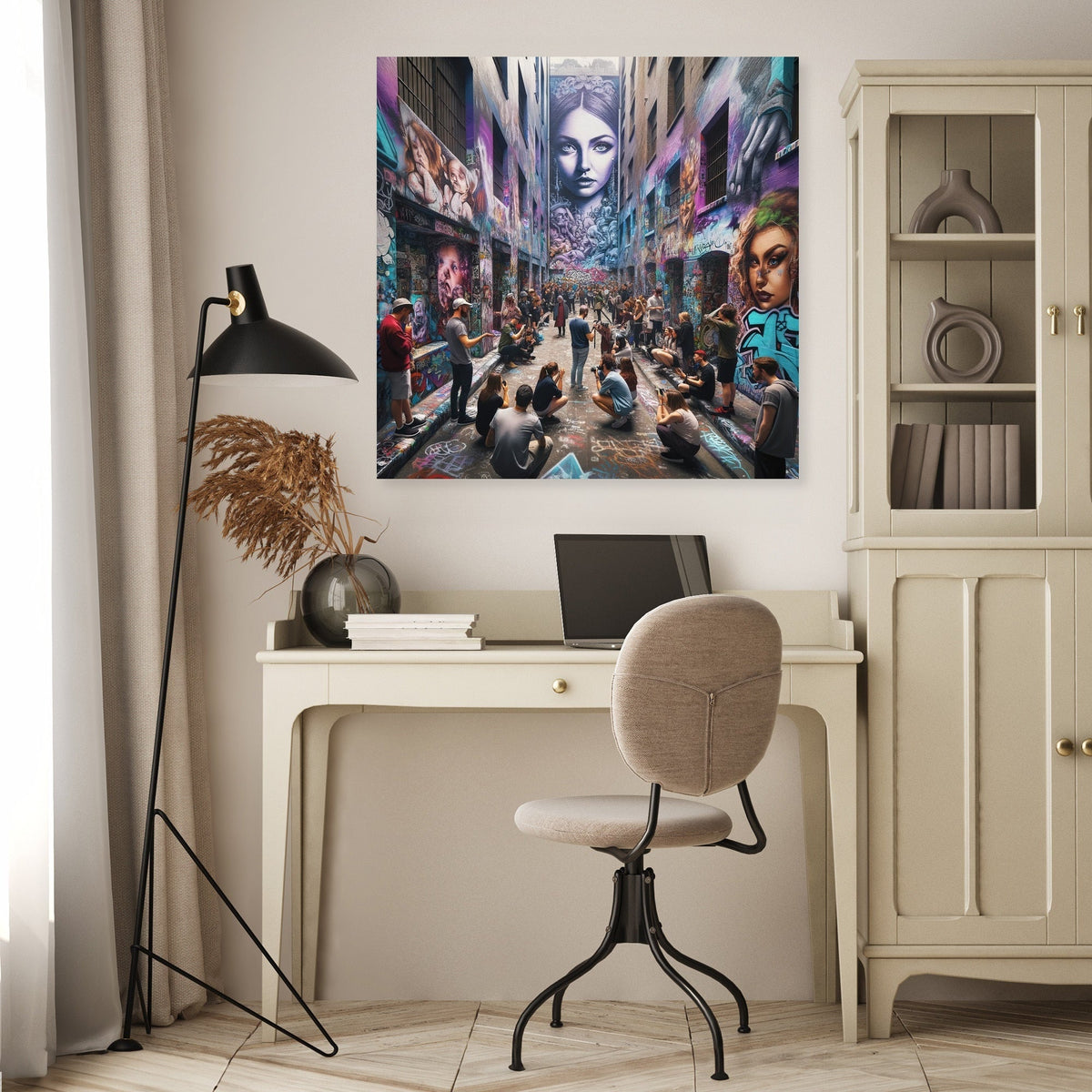 Colourful Wall Art Canvas featuring urban street art and people in an artistic setting