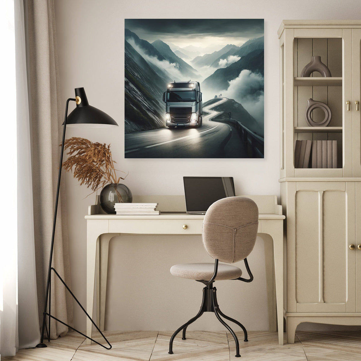Scenic Wall Art Canvas of a Truck Driving through Mountains, Perfect for Home Decoration