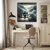 Scenic Wall Art Canvas of a Truck Driving through Mountains, Perfect for Home Decoration