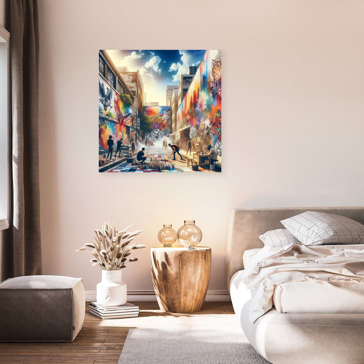 Vibrant Wall Art Canvas depicting artists in a lively urban setting with colourful murals