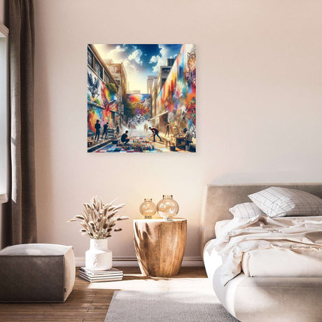 Vibrant Wall Art Canvas depicting artists in a lively urban setting with colourful murals