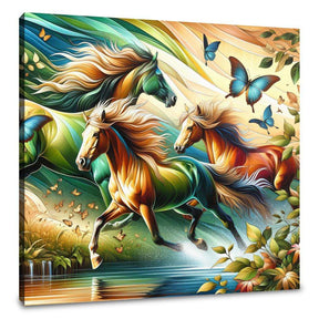Vibrant wall art canvas depicting galloping horses and butterflies in a lush landscape