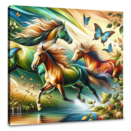 Vibrant wall art canvas depicting galloping horses and butterflies in a lush landscape