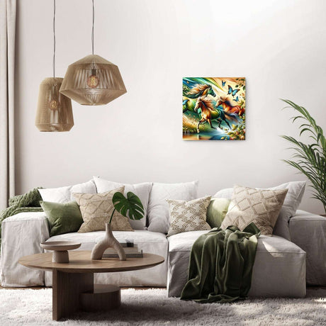 Vibrant Wall Art Canvas featuring a serene nature scene above a modern sofa in a stylish living room