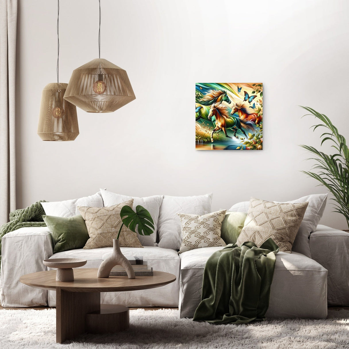 Vibrant Wall Art Canvas featuring a serene nature scene above a modern sofa in a stylish living room